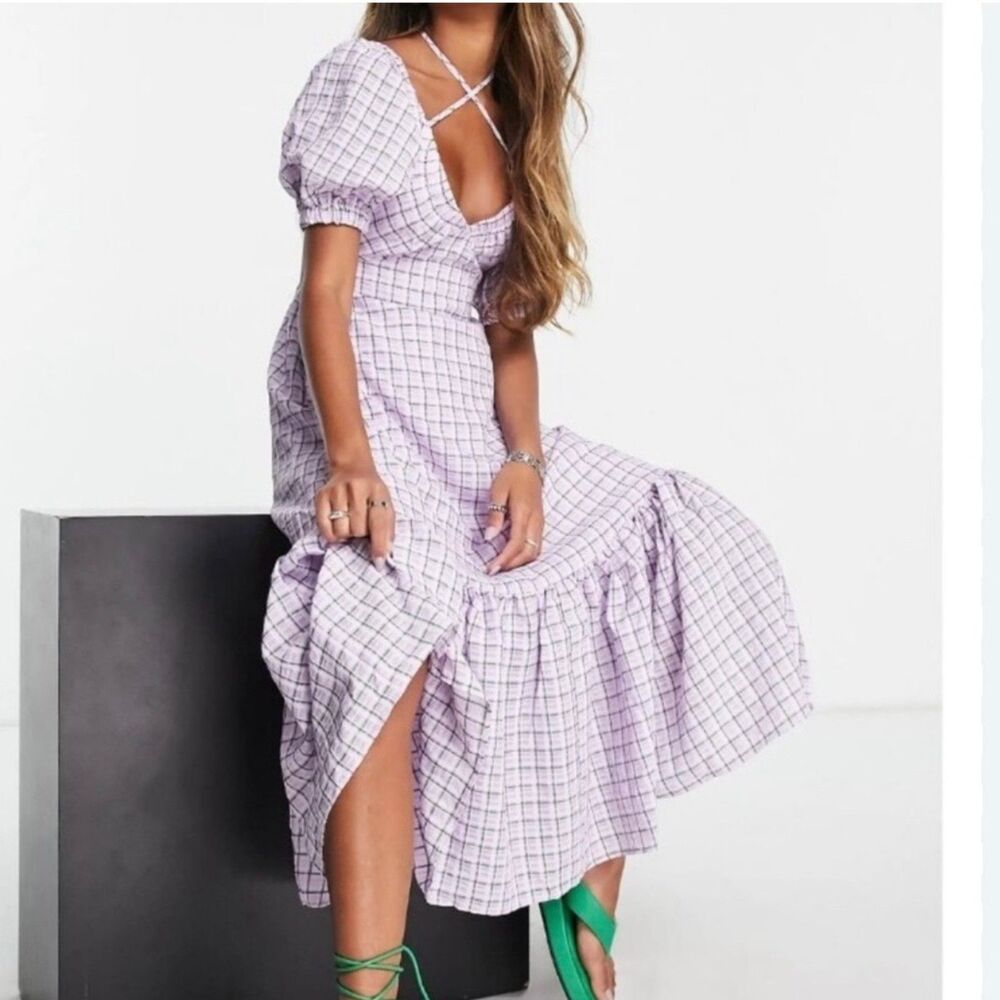 Topshop Lilac Plaid Puff Sleeve Tiered Maxi Dress Open Back Cottagecore US 2 UK